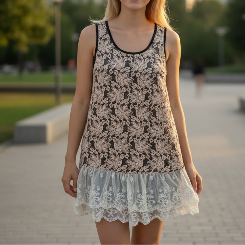 Rancho Estancia Lace Overlay Tank Dress Double Bottom Beige Ruffle Size S